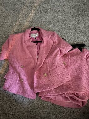 Vici Pink Tweed Short Sleeve Blazer with Matching Skirt Set x Madison Lecroy